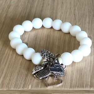 Matte White Beaded Stretch Bracelet with Silver Heart Charms